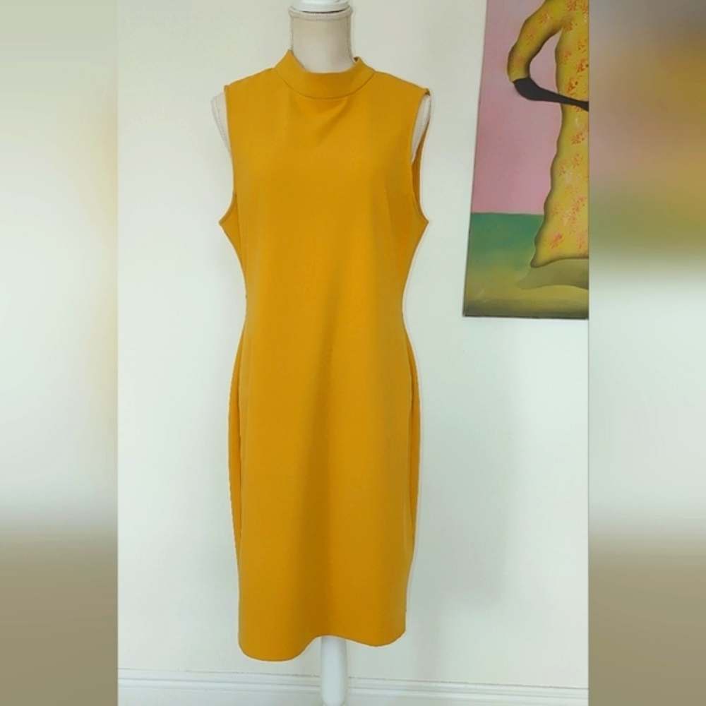 Sharagano Women's Dress. Beautiful Mustard Yellow Midi Dress.